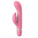 Pink dual-stimulation vibrator with curved head and external tickler, featuring a smooth silicone finish and silver accent ring.