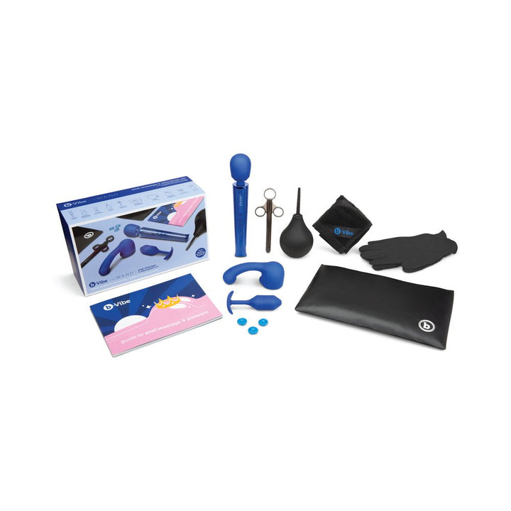 B-Vibe Anal Massage & Education Set with blue silicone toys, black gloves, enema bulb, guidebook, and storage pouch on white background.
