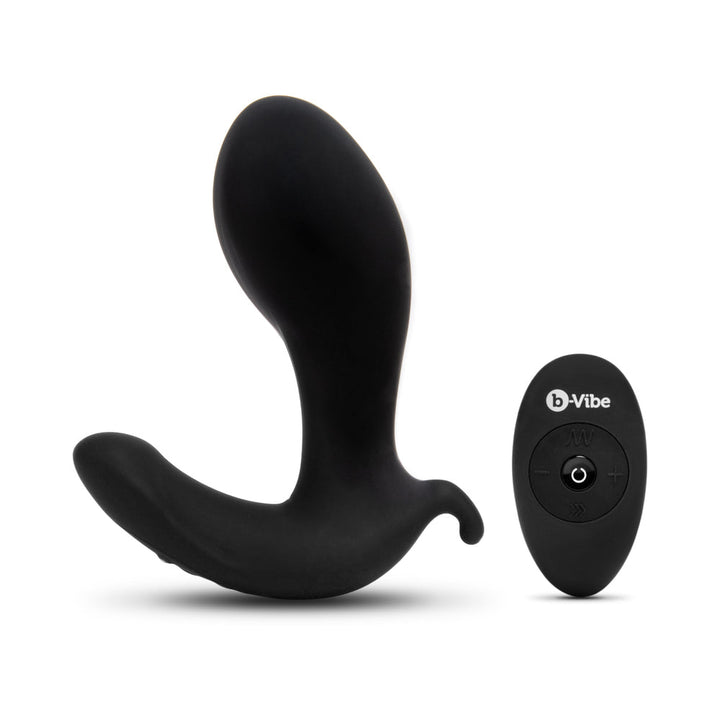 Black ergonomic expanding prostate plug with wireless remote control by b-Vibe on white background.