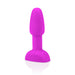 Compact purple silicone vibrating rimming plug with a tapered tip and wide base for comfortable beginner use.