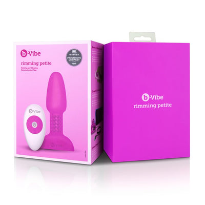B-Vibe Rimming Petite Plug with remote control in pink packaging, featuring rotating beads and vibrating functions.