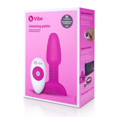 Packaging of B-Vibe Rimming Petite Plug with remote control, featuring a compact purple silicone plug and white remote on a pink background.