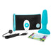 B-Vibe Rimming Plug 2 with remote, USB charger, storage pouch, and user guide for anal play in turquoise silicone.