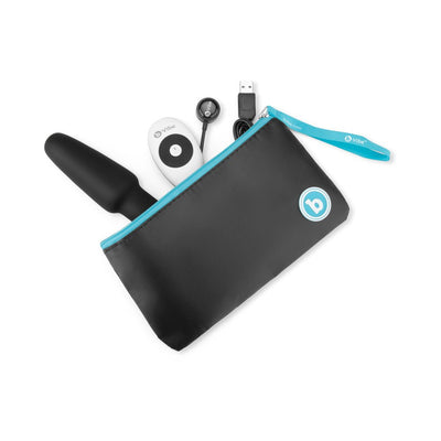 B-Vibe Rimming Plug 2 with wireless remote, USB charging cable, and black storage pouch with blue zipper and wrist strap.