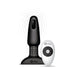 Black B-Vibe Rimming Plug 2 with rotating beads and wireless white remote control on white background.