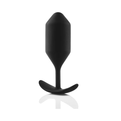 Black silicone weighted plug with tapered tip and curved base for secure, comfortable wear.