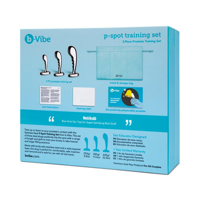 B-vibe Stainless Steel P-spot Training Set packaging showing three prostate plugs, storage bag, cleaning cloth, and care instructions on blue box.