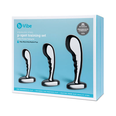 Packaging of b-Vibe Stainless Steel P-spot Training Set showing three graduated stainless steel prostate plugs on a blue background.