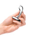 Hand holding a small polished stainless steel prostate plug with a curved, ergonomic shape and wide base.