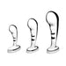 Set of three polished stainless steel prostate plugs in small, medium, and large sizes with curved, ridged design and wide bases.