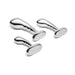 Set of three polished stainless steel prostate plugs in small, medium, and large sizes with curved design and flat bases.