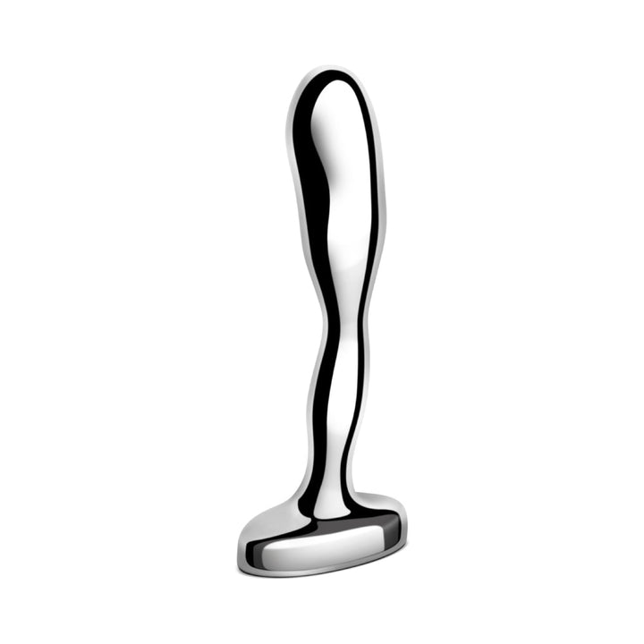 Sleek polished stainless steel prostate plug with a curved, ergonomic design and wide base for safe use.