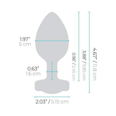 Diagram of B-Vibe Vibrating Jewel Plug 2XL with detailed dimensions in inches and centimeters.