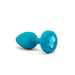 Blue silicone vibrating jewel plug with a faceted gem base, compact and smooth design.