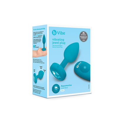 b-Vibe Aquamarine vibrating jewel plug with remote control shown on product packaging in blue box