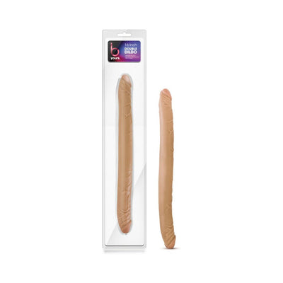 16-inch double-ended dildo in Latin skin tone with realistic texture, shown in packaging and standalone.
