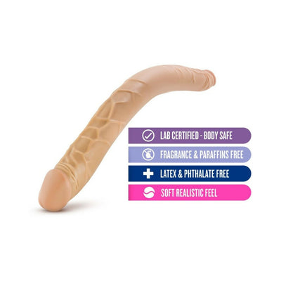 Realistic textured 16-inch double-ended dildo in Latin skin tone with body-safe, fragrance-free, and latex-free features.