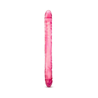 Translucent pink double-ended dildo with textured surface and pronounced heads on both ends.