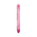 Translucent pink double-ended dildo with textured surface and pronounced heads on both ends.