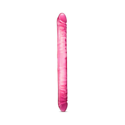 Pink flexible double-ended dildo with textured surface and pronounced heads on both ends.