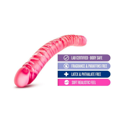Pink textured flexible dildo with product benefits including body safe, fragrance free, latex and phthalate free, and soft realistic feel.