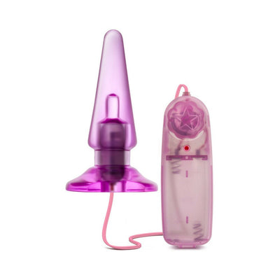 Purple tapered anal pleaser with wired multi-speed remote control on white background.