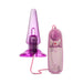 Purple tapered anal pleaser with wired multi-speed remote control on white background.