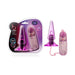Purple tapered anal pleaser with wired multi-speed remote control, shown in and out of packaging.
