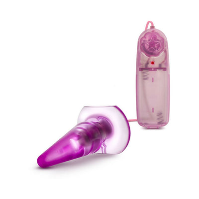 Purple tapered anal pleaser with adjustable wired remote control on white background.