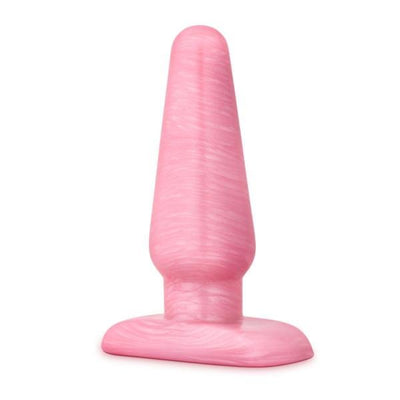 Medium-sized pink butt plug with a smooth tapered shape and wide base for comfortable, secure use.