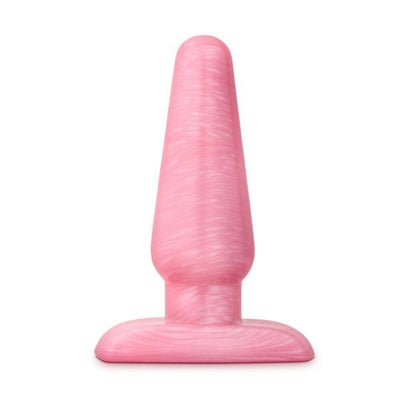 Medium-sized pink tapered butt plug with a wide base and smooth, swirled texture design.
