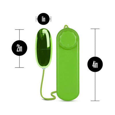 Green remote-controlled bullet vibrator with wired controller showing size dimensions.