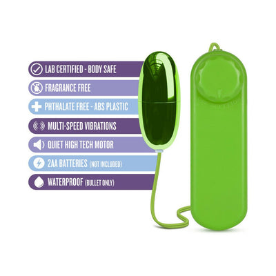 Green remote-controlled bullet vibrator with dial and cord, highlighting body-safe, waterproof, multi-speed features.