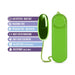 Green remote-controlled bullet vibrator with dial and cord, highlighting body-safe, waterproof, multi-speed features.
