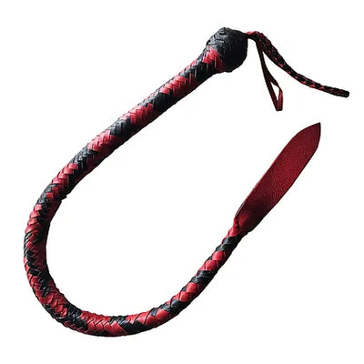 Hand braided black and red genuine leather whip with devil tail design and loop wrist strap, 36-inch length.