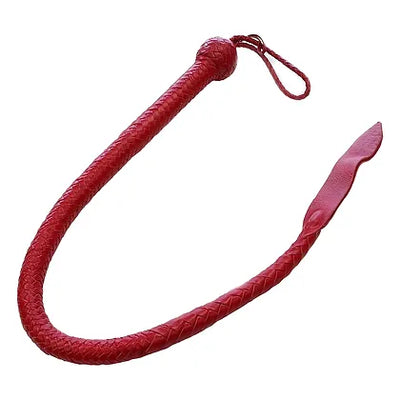 Red hand braided genuine leather devil tail whip with loop wrist strap, 36-inch length for style and durability.