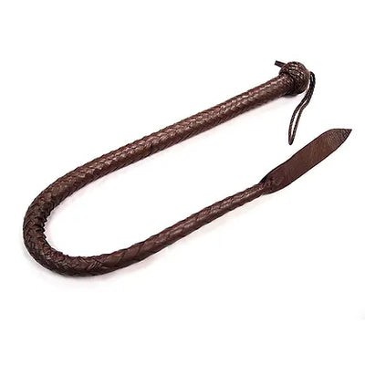 Hand braided 36-inch genuine leather whip with devil tail design and loop wrist strap in dark brown.