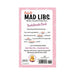 Back cover of Adult Mad Libs Bachelorette Bash game with sample fill-in-the-blank story and pricing details on a pink background.