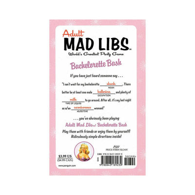 Back cover of Adult Mad Libs Bachelorette Bash game with sample fill-in-the-blank story and pricing details on pink background