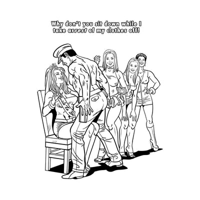 Black and white illustration of a bachelorette party scene with a seated bride and a male performer in a police hat entertaining a group of women.