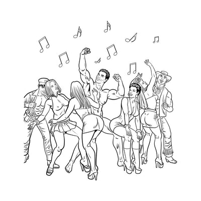 Black and white coloring book illustration of a lively bachelorette party with dancing women and male performers under musical notes.
