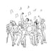 Black and white coloring book illustration of a lively bachelorette party with dancing women and male performers under musical notes.
