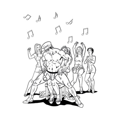 Black and white illustration of a male dancer in a hat entertaining a group of excited women at a bachelorette party.