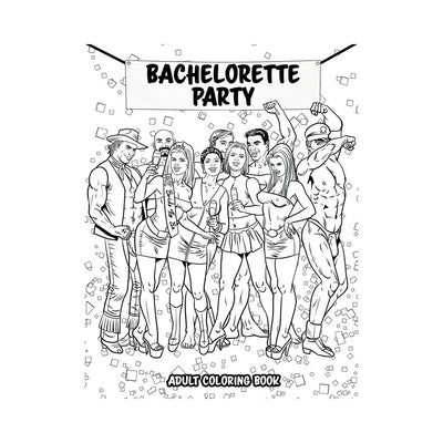 Black and white bachelorette party coloring book cover featuring a group of friends and entertainers celebrating under a banner.