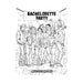 Black and white bachelorette party coloring book cover featuring a group of friends and entertainers celebrating under a banner.