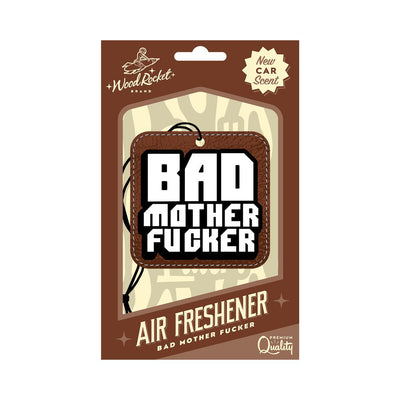 Bad Mother Fucker cardboard air freshener with bold white text on brown background, new car scent packaging by Wood Rocket.