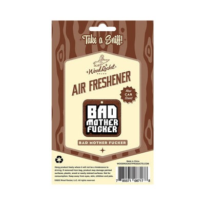 Packaging of Wood Rocket "Bad Mother Fucker" air freshener with new car scent and wood grain design background.