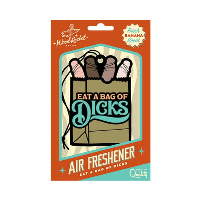 Packaging of a Wood Rocket brand air freshener with a playful design and fresh banana scent label.