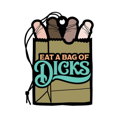 Cheeky air freshener shaped like a paper bag with playful text and cartoon-style design.