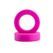Bright pink Balldo spacer rings stacked, one upright and one flat, with embossed branding on the ring.